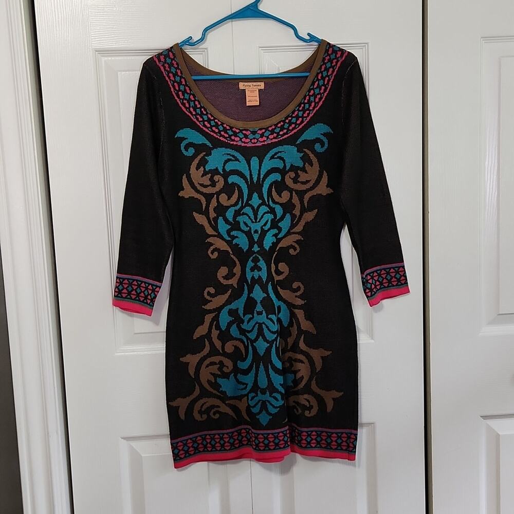 Flying Tomato Black Multi-colored Bodycon Sweater Dress Size Med Abstract Artsy